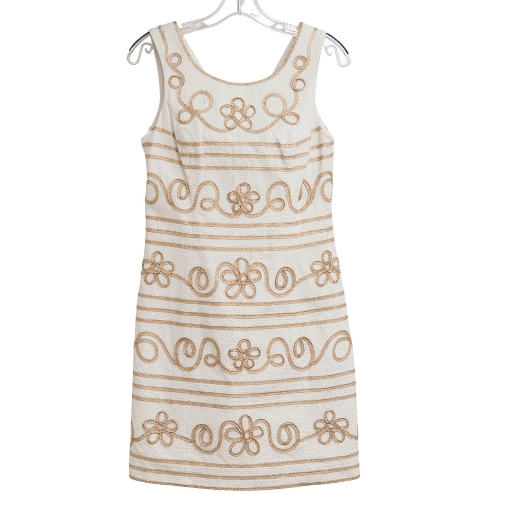 Lilly Pulitzer Sz 4 Lennox shift dress "Icing On The Cake" Metallic Gold & White